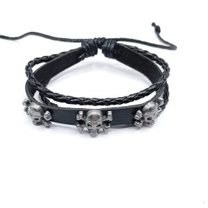 Βραχιόλι δερματίνη Triple Skulls μαύρο