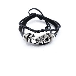 Βραχιόλι δερματίνη Double Skulls μαύρο