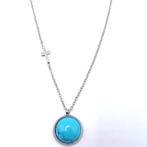 Ατσάλινο Γυναικείο Κολιέ Τυρκουάζ με Μικρό Σταυρό