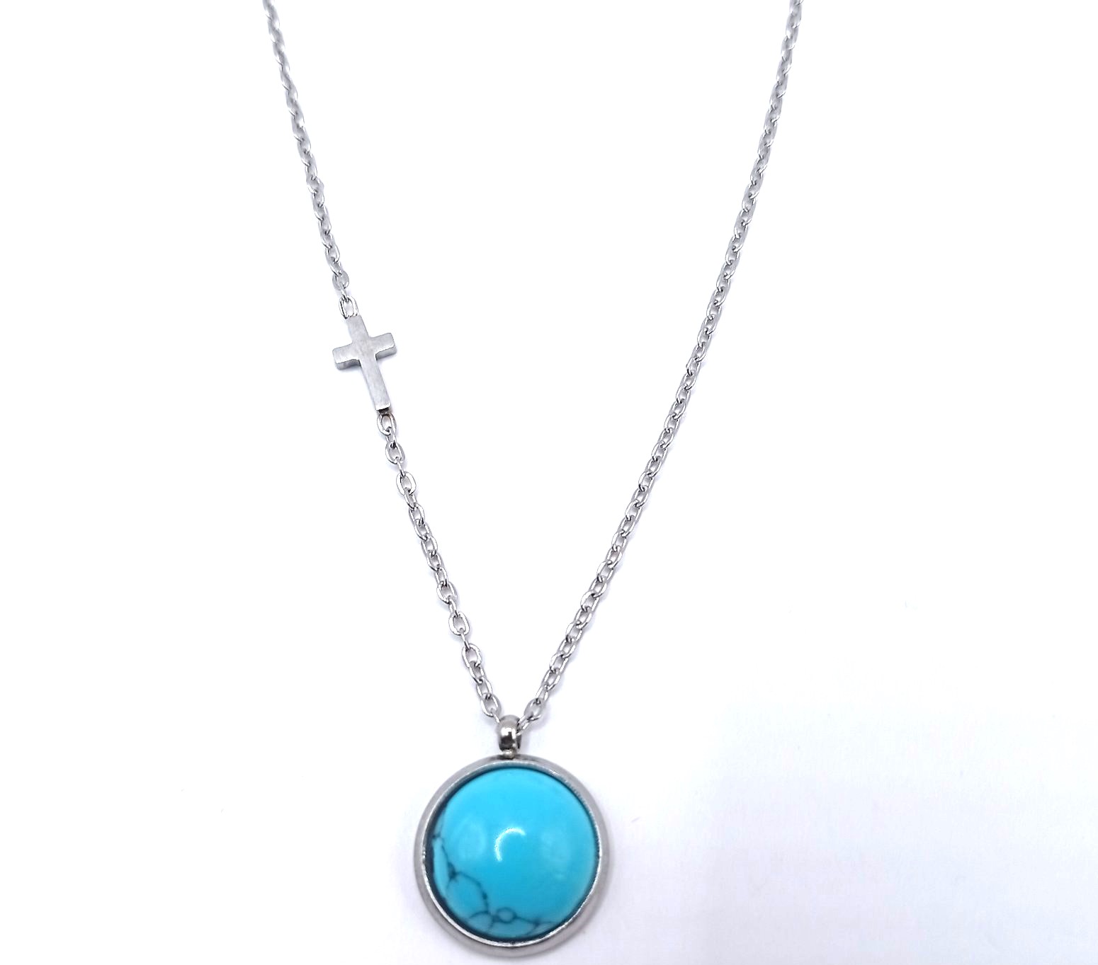 Ατσάλινο Γυναικείο Κολιέ Τυρκουάζ με Μικρό Σταυρό Ατσάλινο Γυναικείο Κολιέ Τυρκουάζ με Μικρό Σταυρό