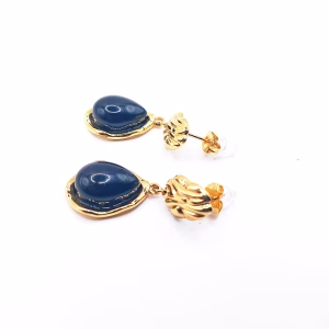 Ατσάλινα κρεμαστά σκουλαρίκια χρυσά με μαύρη πέτρα - Εικόνα 1