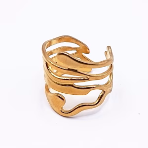 Ατσάλινο Επιχρυσωμένο Δαχτυλίδι με Αφηρημένες Κυματιστές Γραμμές - Εικόνα 1