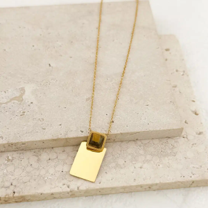 Κολιέ γυναικείο ατσάλινο με ορθογώνιο στοιχείο και πέτρα - Εικόνα 1