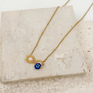 Χειροποίητο Miyuki κολιέ με διπλό γεωμετρικό μοτίβο & μπλε μάτι - Εικόνα 1