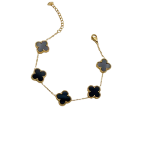 Γυναικείο επιχρυσωμένο βραχιόλι με μαύρα τετράφυλλα